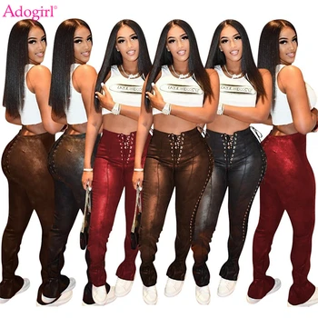 Adogirl Grommet Lace Up PU Leather Flare Pants Women Fashion Casual High Waist Skinny Split Long Trousers Matching Set 1