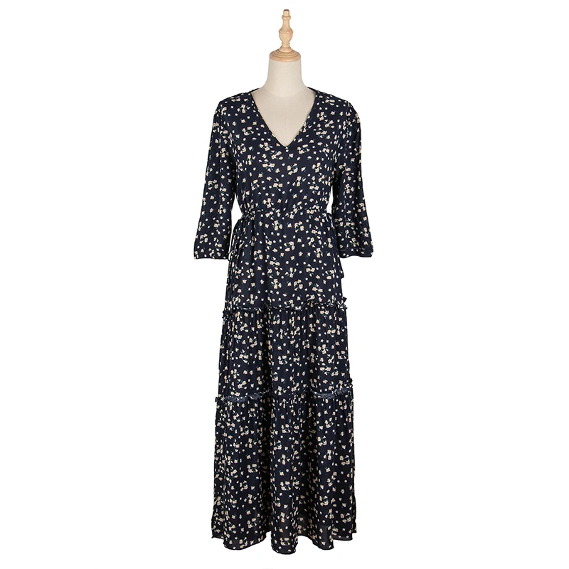 

Spring Summer Half Sleeve Print Long Dress For Women 2021 New Casual V Neck High Waist Slim Ladies Temperament Maxi Dresses