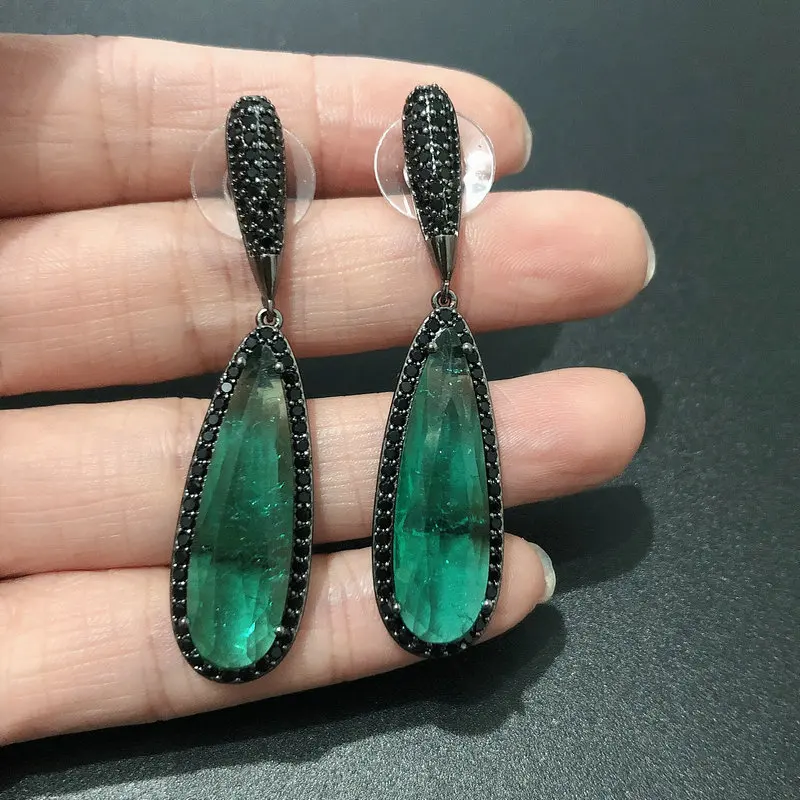 Женские винтажные серьги подвески темно зеленые с фианитом для свадьбы
