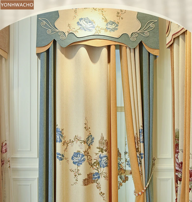 

Custom curtains Super soft single flower cashmere seamless stitching chenille cloth blackout curtain valance tulle panel C144