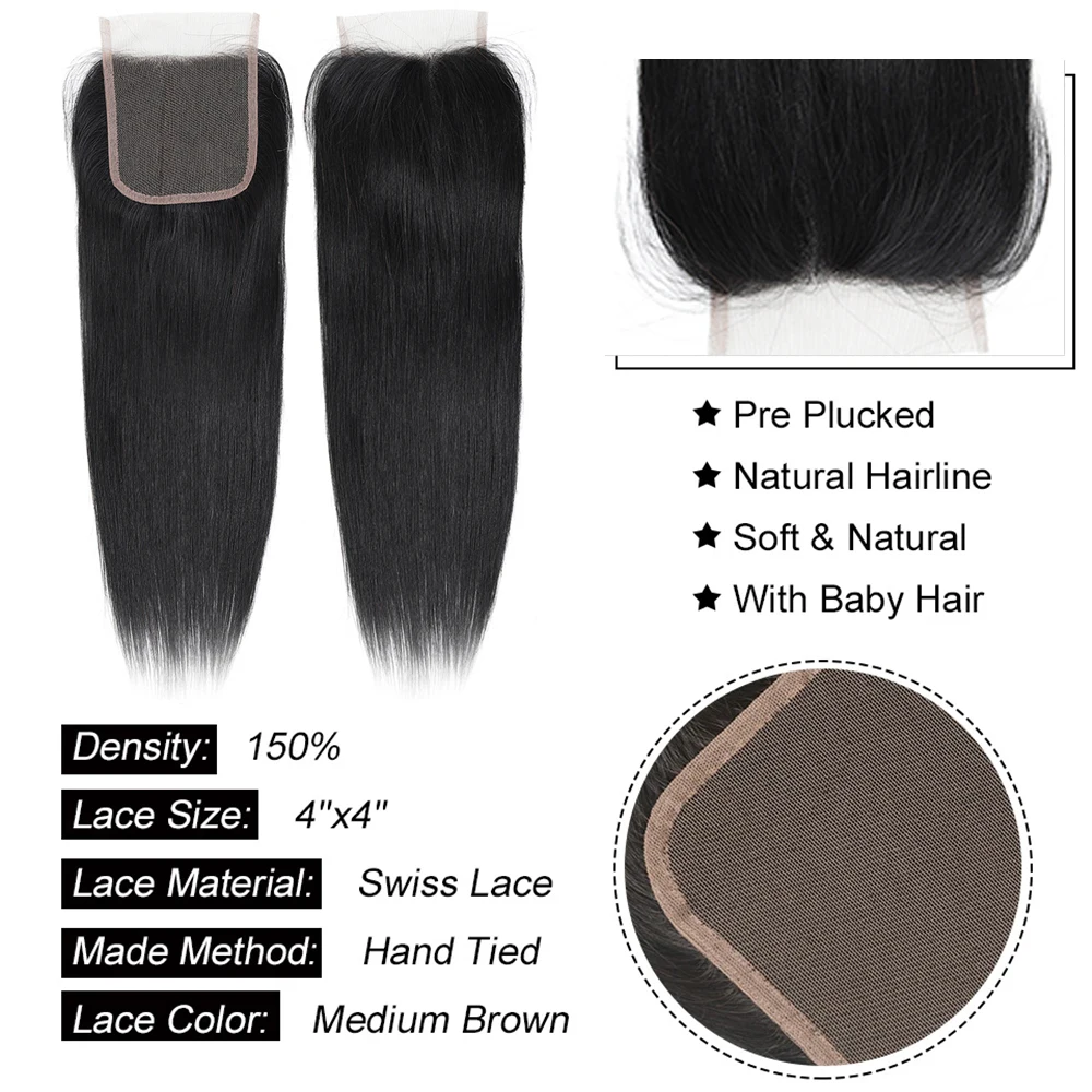Straight Human Hair Bundles With Closure Brazilian 3 150% Density 4x4 Lace Wig Natural Black |