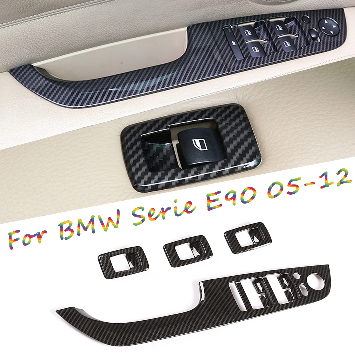 

Auto Car Door Window Switch Carbon Fiber Button Cover Trim Interior For BMW 3 Serie E90 2005-12