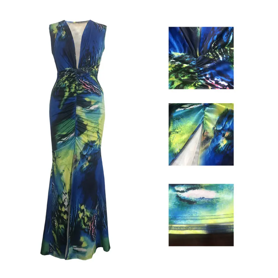 

Women Dress new sexy party club night tie dye galaxy deep v-neck high waist high split mermaid maxi dress