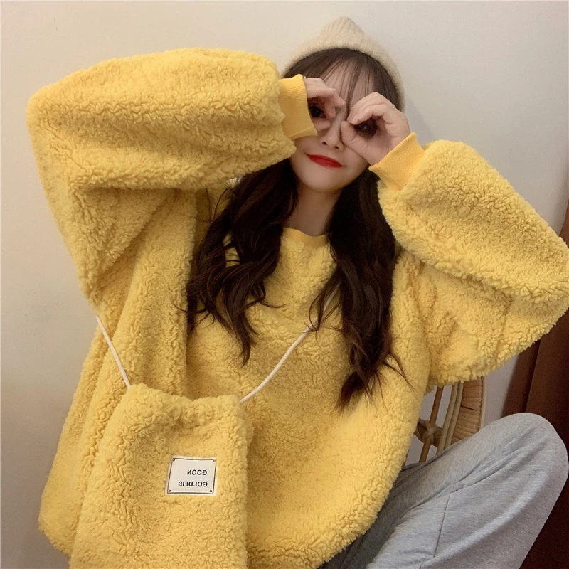 

Новые Универсальные женские толстовки XZ2895 из овечьей шерсти с круглым вырезом и бархатной подкладкой