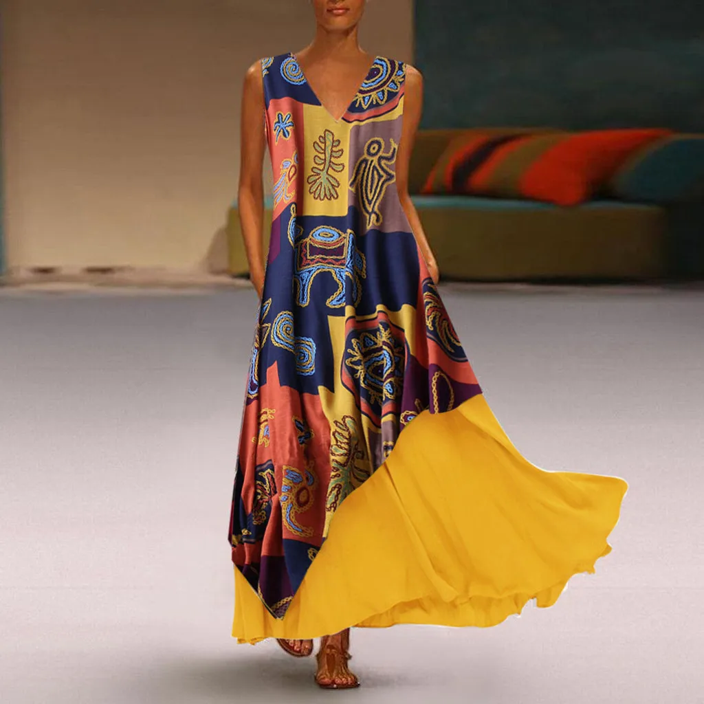 Женское винтажное лоскутное платье без рукавов хлопковое с v образным вырезом