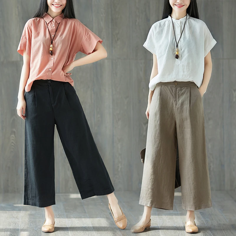 

Женские брюки с широкими штанинами, повседневные свободные прямые брюки из хлопка и льна с заниженной талией, тонкие брюки, Новинка лета-осе...