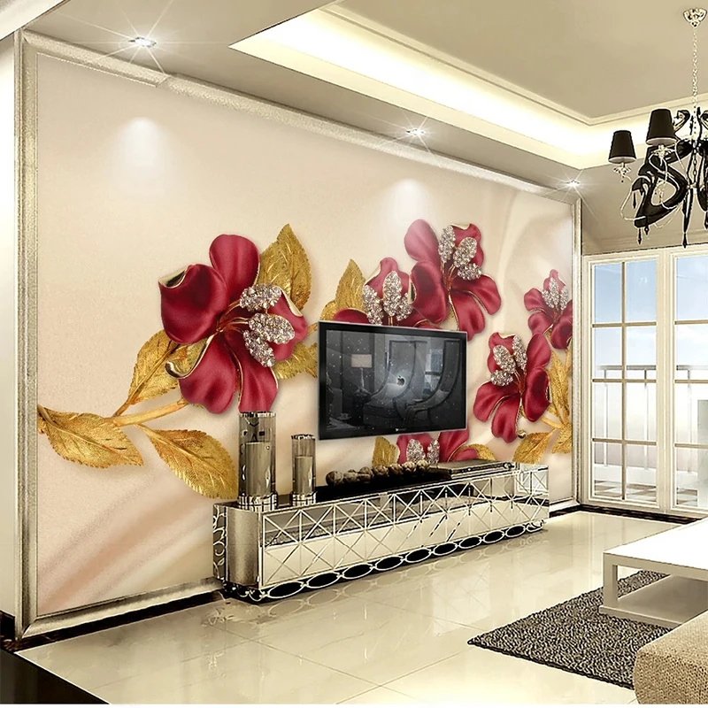 

Custom Photo Wallpaper 3D Luxury Diamond-Studded Flower Jewelry TV Background Wall Papel De Parede Fresco Tapety Sticker