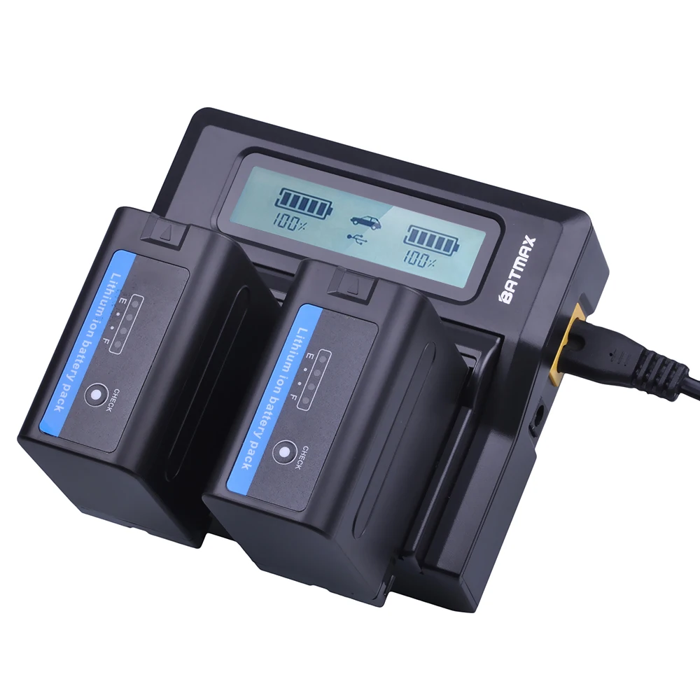 

2Pcs 7200mAh NP F970 NP-F960 Power Indicator Battery Batterie +Ultra Fast LCD Dual Charger for Sony NP F970 F960 F550 F570 QM91D