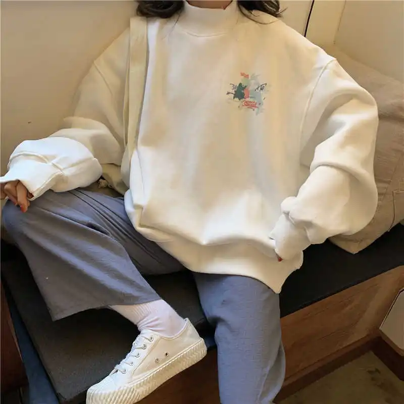 

Oversized Velvet Warm Hoodies Women's clothes tops harajuku Printed Turtleneck Kawaii Simple Pullover Korean Style sweatshirt