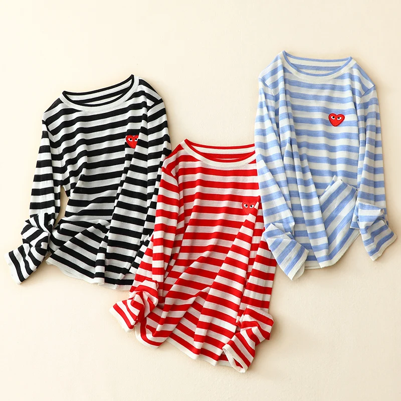 

100% merino wool sweater women autumn fashion crew neck long sleeve embroidery heart striped pullovers