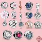 Лидер продаж, бусины-шармы из серебра 925 пробы со сверкающими снежинками и кристаллами в форме цветка, подходят для оригинального браслета Pandora, Изящные Ювелирные украшения