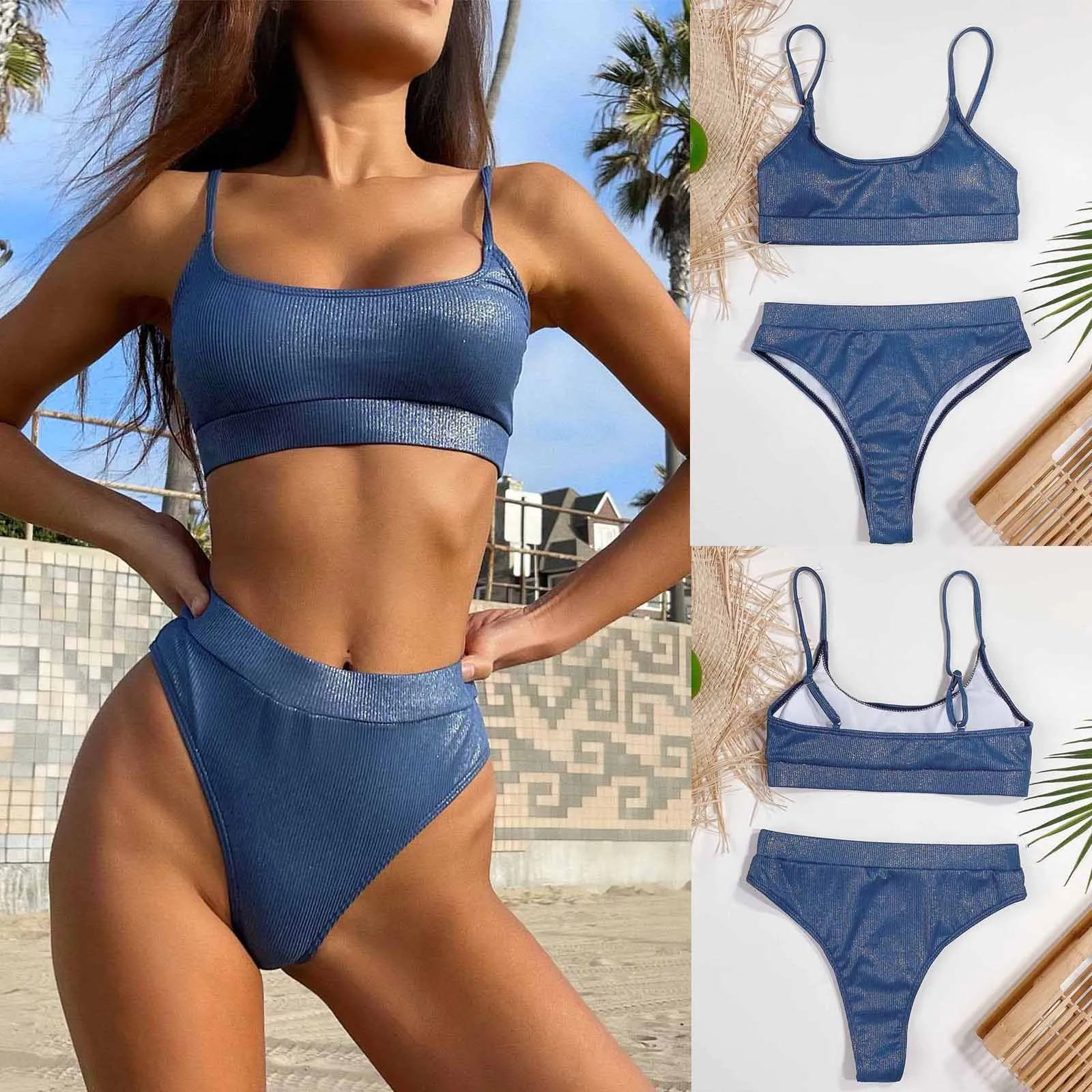 

WomenSolid Textured Bandeau Bikini Set High Cut Wire Free Swimsuit with Non Adjustable Shoulder Straps Beachwear A20