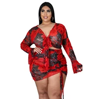 printed outfit drawstring long sleeve plus size polyester set printing sexy nightclub two piece suit all matching outfit