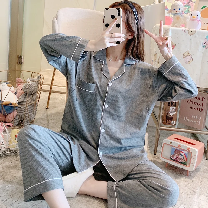 

Spring Autumn Combed Cotton Maternity Nursing Sleepwear Sets Loose Tops + Pants Suits Pajamas for Pregnant Women Grey Pregnancy