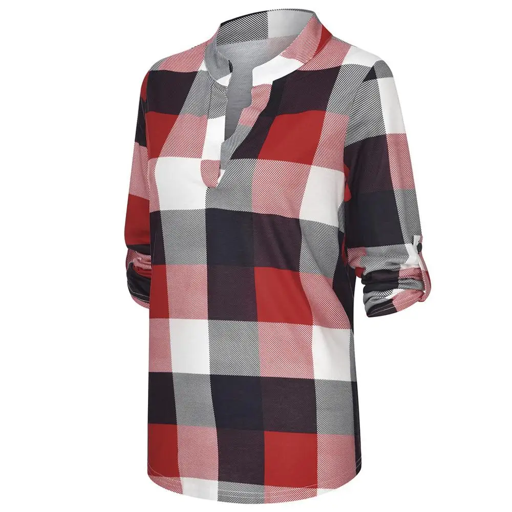 2021 Hot Womens Blouses Plus Size Spring Women's Plaid Blouse Shirts Sexy V Neck Female Lady Tops | Женская одежда
