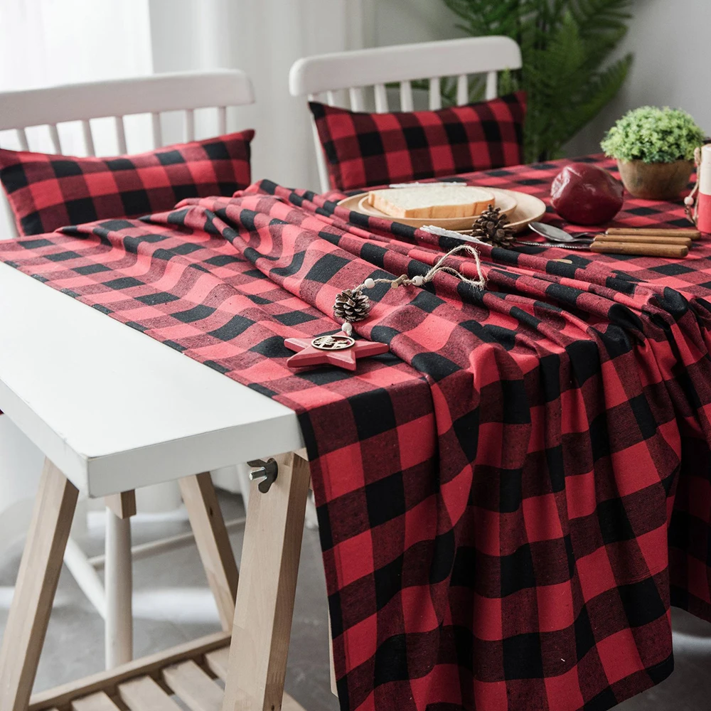 Окрашенная льняная хлопковая скатерть прямоугольная красная и черная клетчатая
