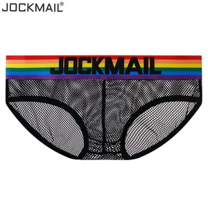Трусы-брифы JOCKMAIL мужские, пикантное нижнее белье, дышащие трусы в радужную полоску, с дырками из нейлоновой сетки, бандаж, трусы для геев