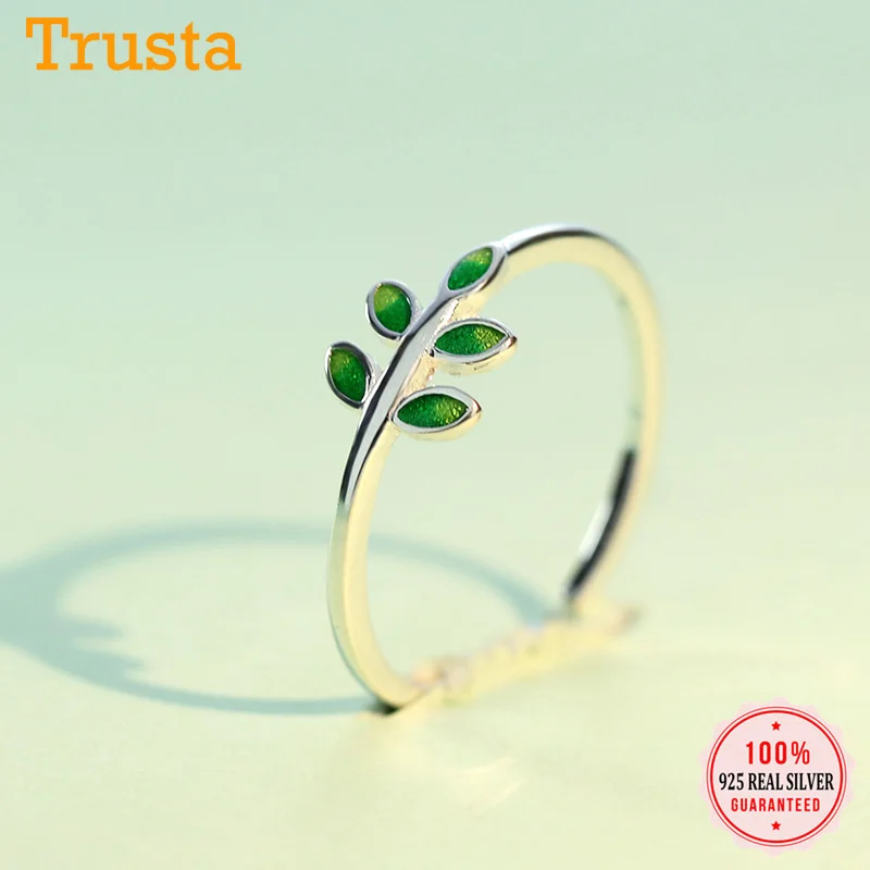 Trusta 2018 Новое Открытое кольцо с зелеными листьями 100% Настоящее серебро 925 пробы