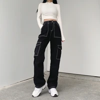 new arrival women pants fashion large pocket casual straight jeans streetwear loose hip hop wash denim wide leg black pant
