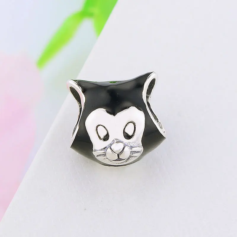 Бусина кошка Фигаро из серебра 100% пробы с черной эмалью подходит для