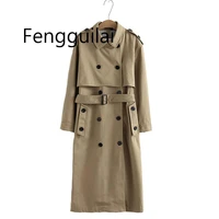 fengguilai women casual solid color double breasted khaki outwear sashes office coat chic epaulet design long trench