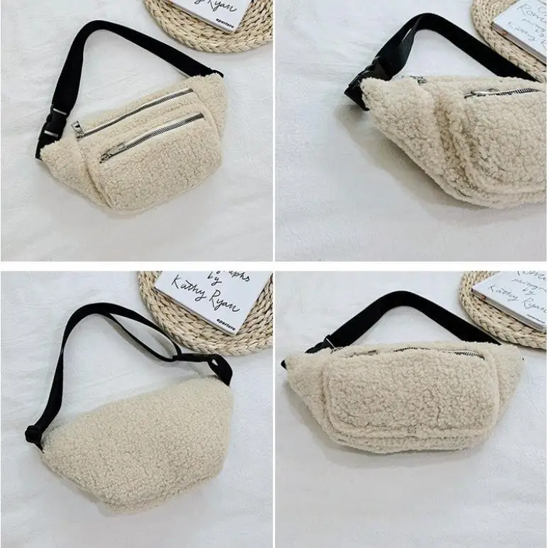 

Women Fanny Pack Soft Fleece Waist Bag Solid Color Multi Pocket Crossbody Purse with Adjustable Strap Chest Bag