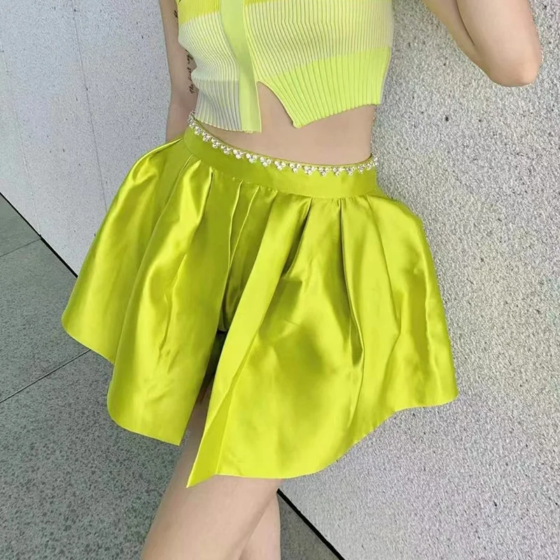 

Шорты женские с завышенной талией, повседневные модные черные широкие штаны со стразами в стиле пэчворк, летняя одежда