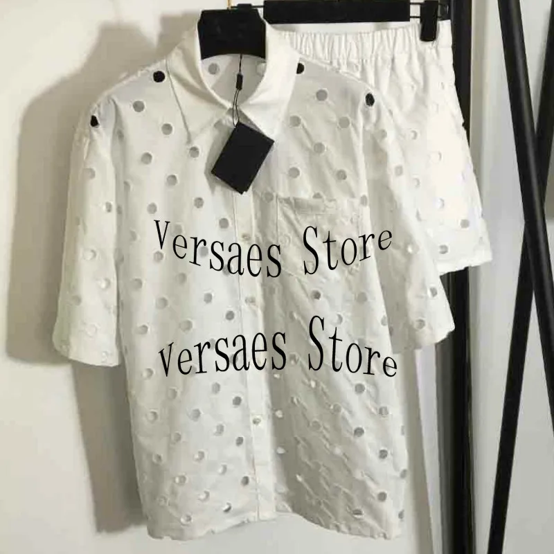 

luxury design wave point hollow out woman suit cotton Lapel short sleeve shirt + high waist slim and versatile wide leg shorts