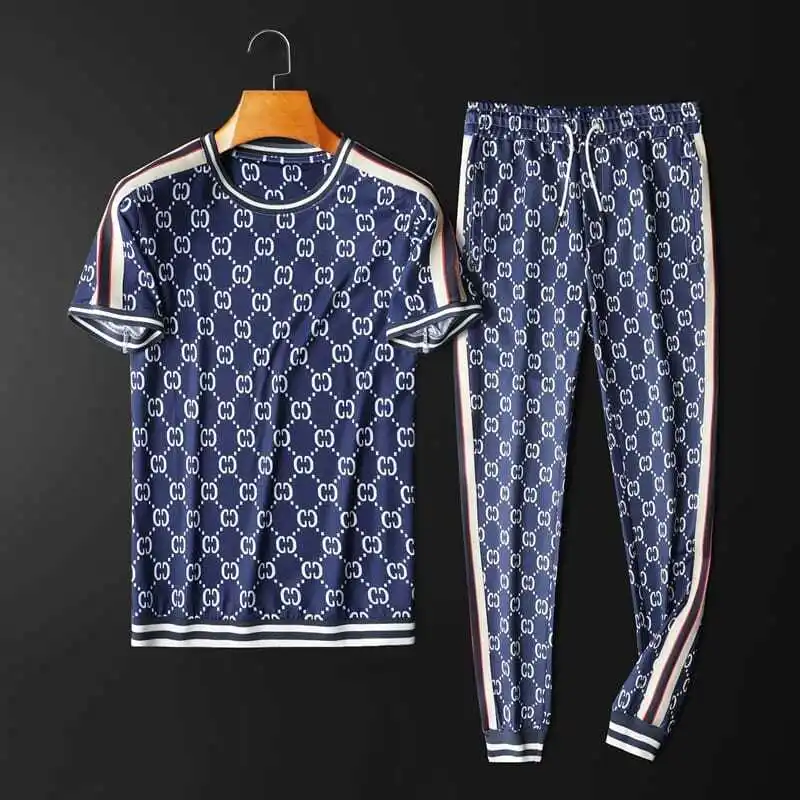 

European men's summer new ice silk short sleeve T-shirt casual suit men's high end fashion brand sportswear two piece set