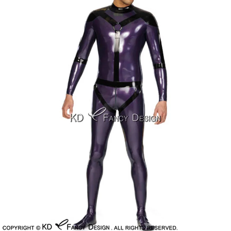 

Black And Purple Sexy Latex Catsuit With O Ring Stripes Rubber Bodysuit Zentai Overall LTY-0164