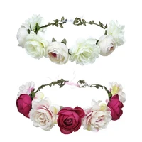 2 pcs adjustable bohemian flower headband hair ring flower wreath crown halo headband ribbon wedding holiday party