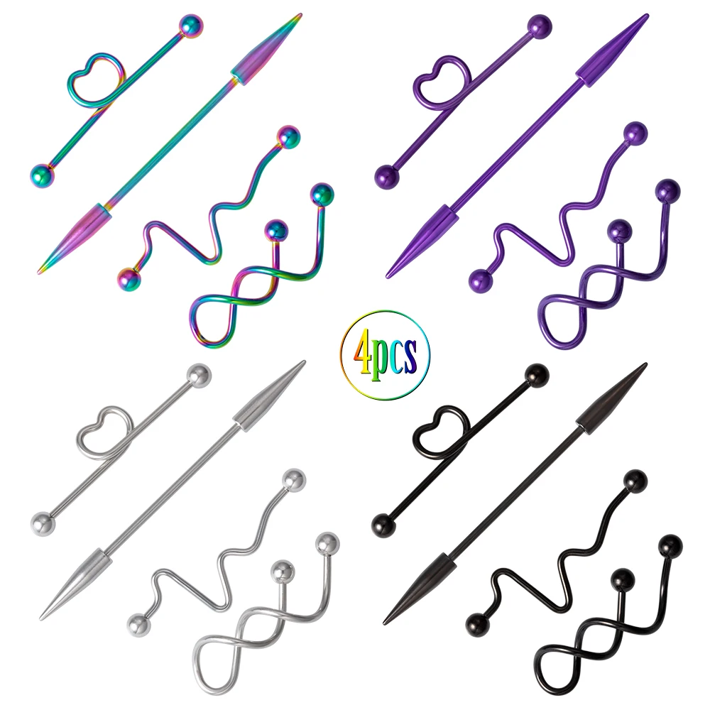 

4Pcs Industrial Earring Piercing Jewelry Pack Industrial Barbell Earrings Bar Stainless Cartilage Tragus Piercing Jewelry