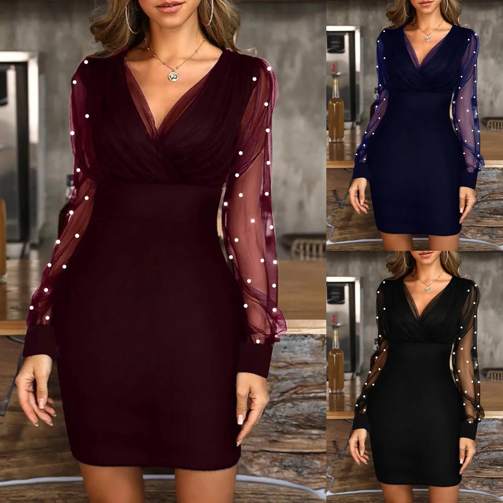 

Fashion Women Dress V-Neck Mesh Sleeve Sequined Patchwork Bodycon Dress Elegant Party Dress Elegant Dress vestidos robe femme