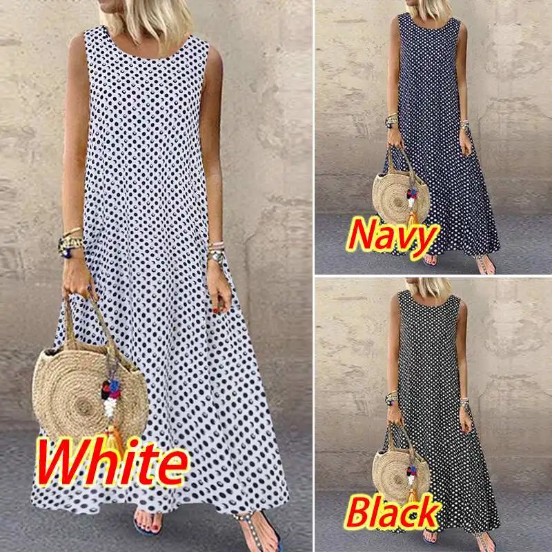 Bohemian Polka Dot Maxi Dress Women's Sundress 2019 ZANZEA Casual Sleeveless Tank Vestidos Female O Neck Party Robe | Женская одежда