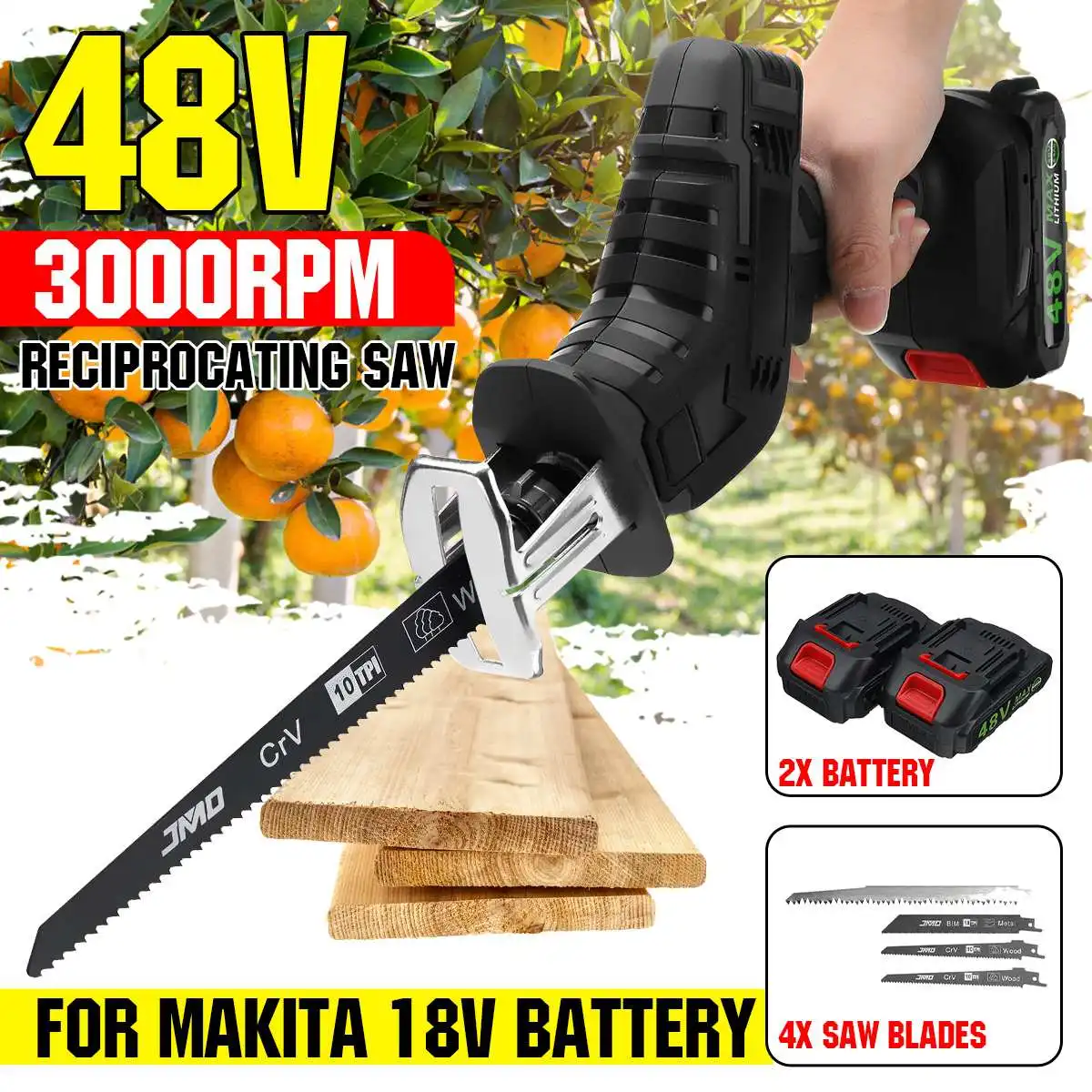 

48V Cordless Reciprocating Saw With Blades &2 Battery Electric Saw Metal Wood Cutting Machine Powers Tool for Makita 18V Battery