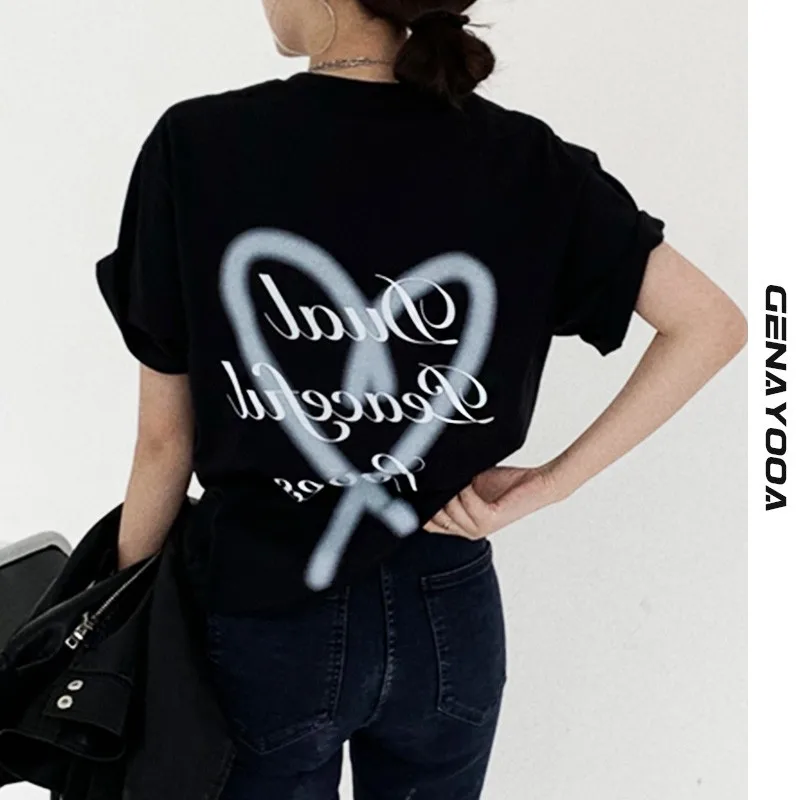 

Уличная одежда Genayooa, женская футболка с корейским принтом, лето 2021, футболка в стиле Харадзюку, топы с коротким рукавом, женская одежда, футб...