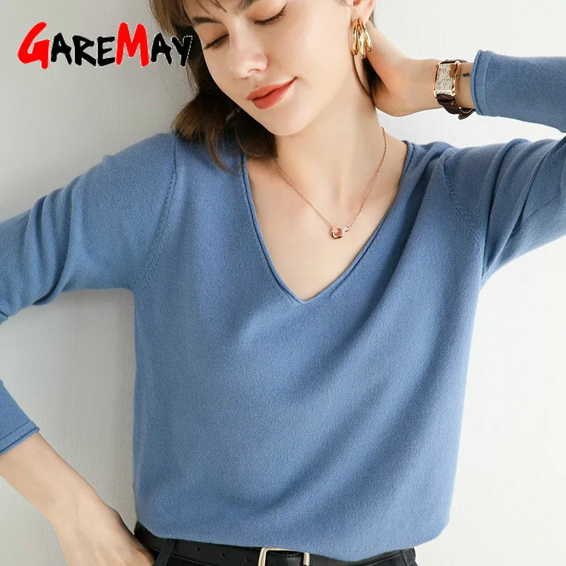 Свитер женский осенне-зимний вязаный с длинным рукавом и V-образным вырезом |