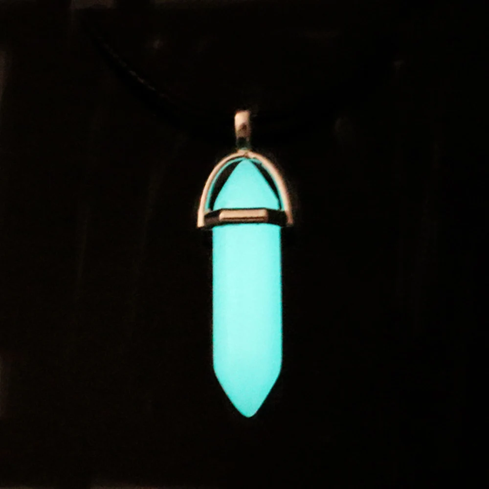 

Leather Necklace Dark Luminous Stone Fluorescent Hexagonal Column Necklace Natural Crystal Glowing In Dark Bullet Stone Pendant