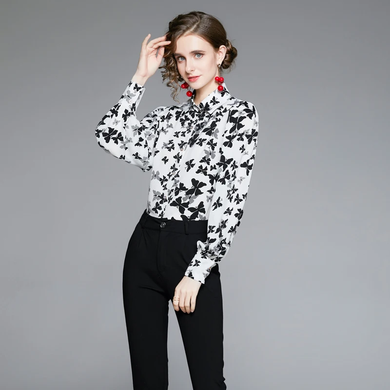 

Женская офисная блузка с рукавами-фонариками, Элегантная черная блузка с отложным воротником и принтом, 2021