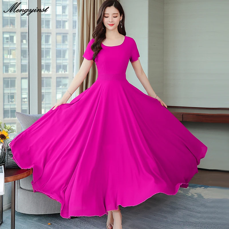 

Women Summer Beach Long Dress 2021 Female Fashion Elegant O-neck Collar Short Sleeve Big Hem Slim Evening Party Dresses Vestidos