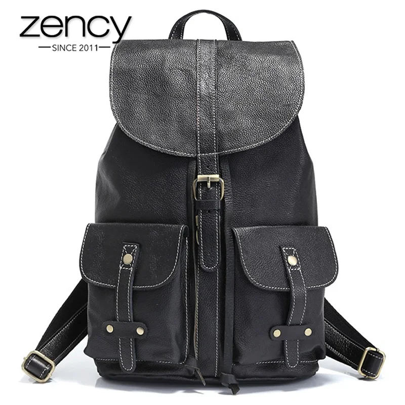 

Вместительный рюкзак Zency из 100% натуральной кожи для мужчин и женщин, уличная Дорожная сумка унисекс в стиле ретро, большой ранец черного цве...