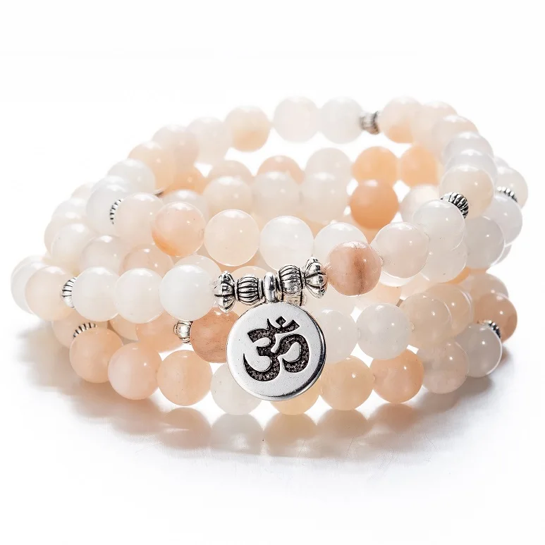pink OM Женские 108 бусины, розовые камни, эластичные браслеты, Lotus OM, Будда, молитва, любовь, массивные ювелирные изделия - Окраска металла: pink OM
