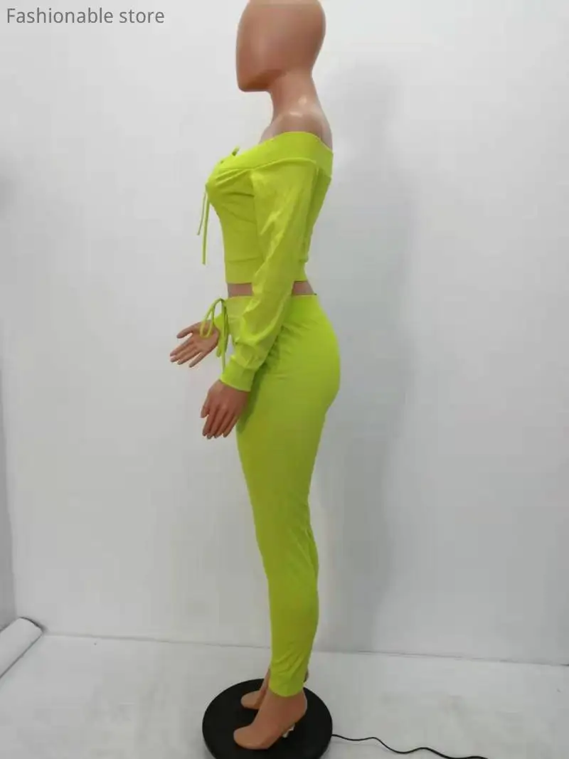 

Women Off Shoulder Long Sleeve Top and High Waist Elastic Pants Set Women Causal Solid Color 2pcs Suits