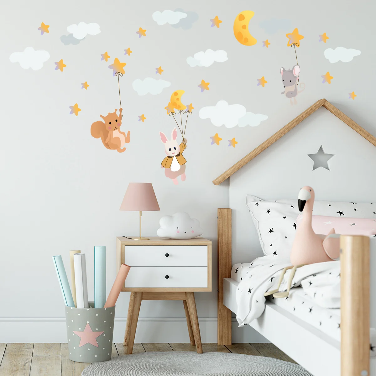 

Наклейка на стену с рисунком кролика, звезд, облаков, самоклеящиеся съемные наклейки из ПВХ, декоративные обои для спальни, домашний декор