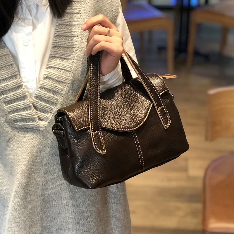 Boston Women Genuine Leather Handbag Cowhide Shoulder Bags Mini Tote Casual Crossbody Bag Vintage High Quality New Design 2019