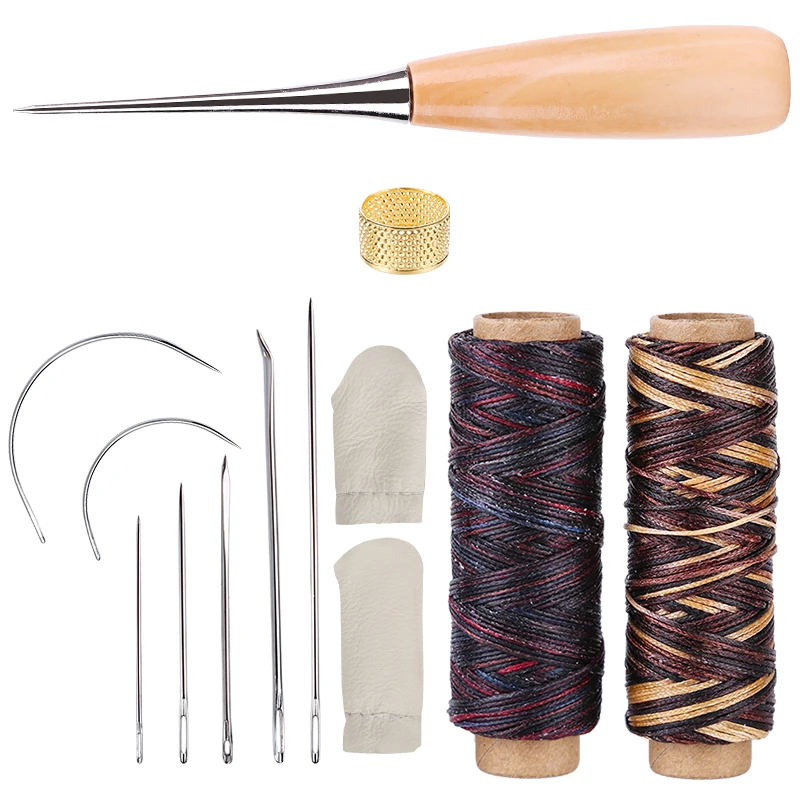 Набор инструментов для шитья кожи KAOBUY, 12 шт., с большим ушком, швейные иглы вощеная нить + шило для рукоделия из кожи