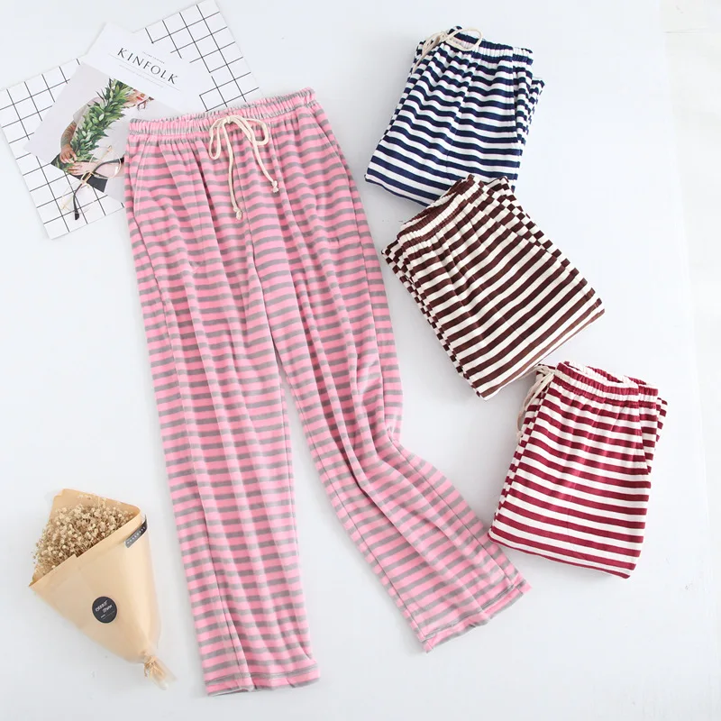 

Autumn Winter Home Pants for Women Flannel Stripe Fll Length knitted Sleeping Bottoms Comfort Feeme Thicken Trousers Pyjamas