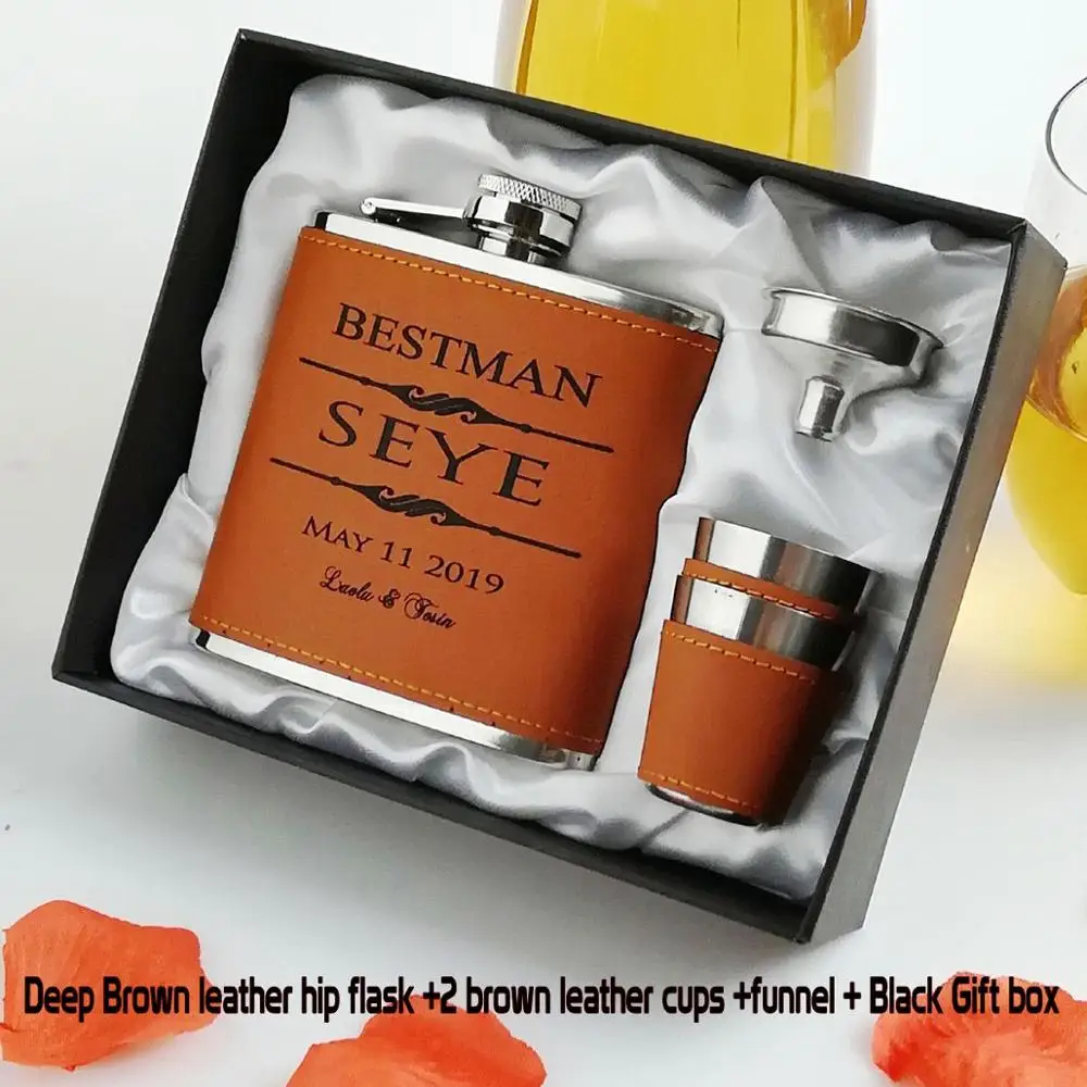 deepbrown gift box 6 унций коричневый кожаный фляжка хип фляжка, Персонализированная Выгравированная, жениха или шафера или лучшего мужчины подарок, подарок на день рождения - Цвет: deepbrown gift box