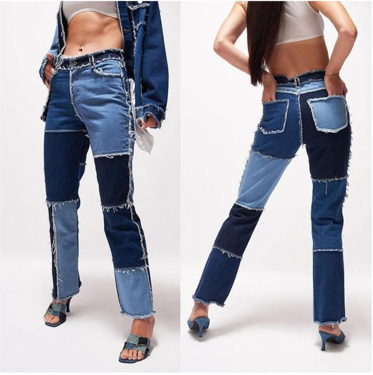 

High Waist Pockets Streetwear Sexy Trousers Bell Bottoms Skinny Patchwork Women's Jeans