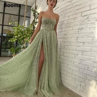 booma sage green glitter sequin lace maxi prom dresses strapless beaded pearls high slit a line evening gowns formal party dress